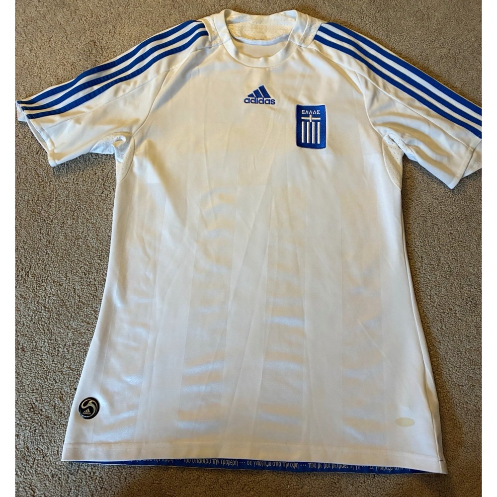Adidas Greece National Team Soccer Jersey White/Blue w/ Blue Stripes